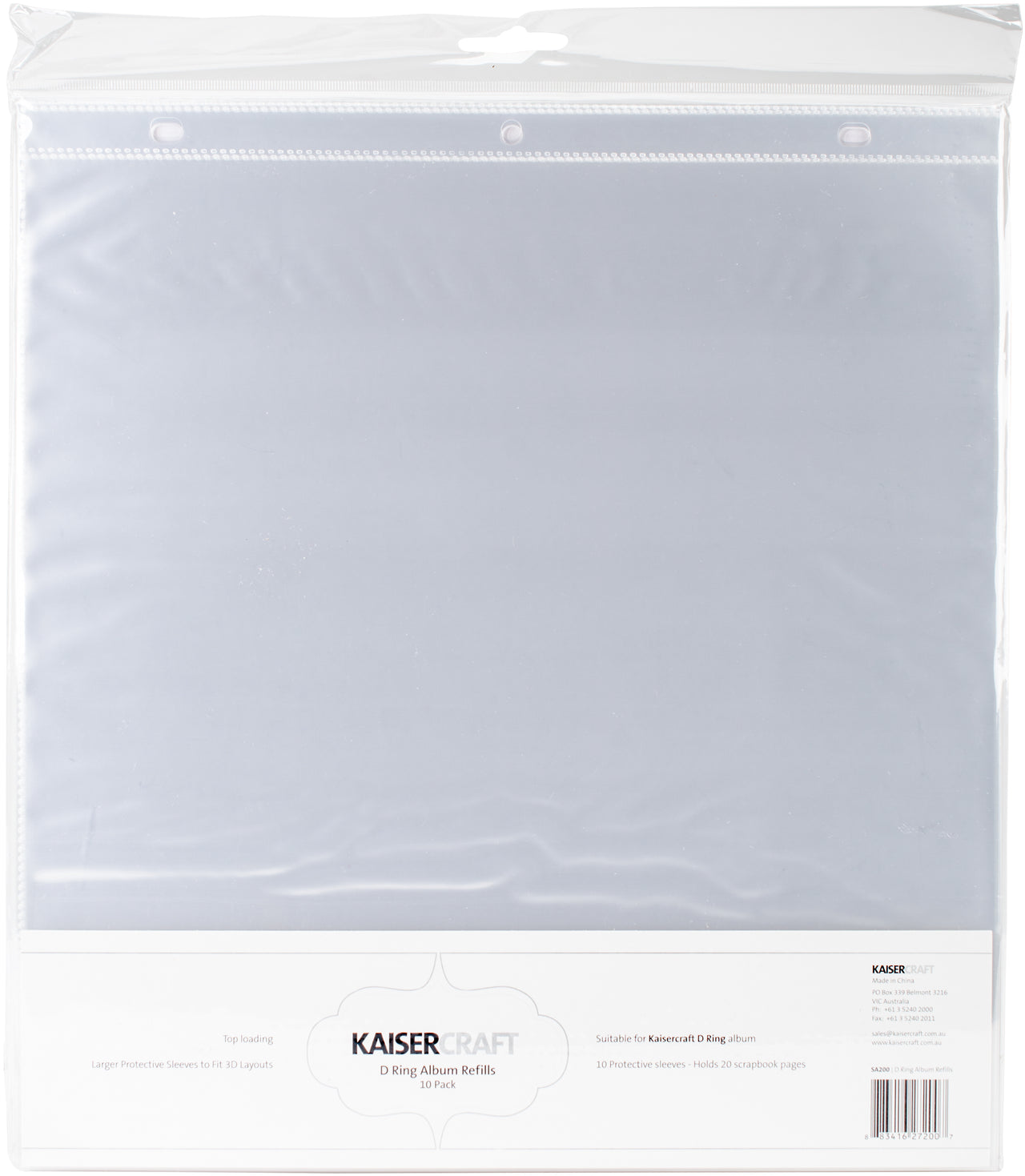 Kaisercraft D-Ring Album Page Protectors 12"X12" 10/Pkg - (1) 12"X12" Pocket