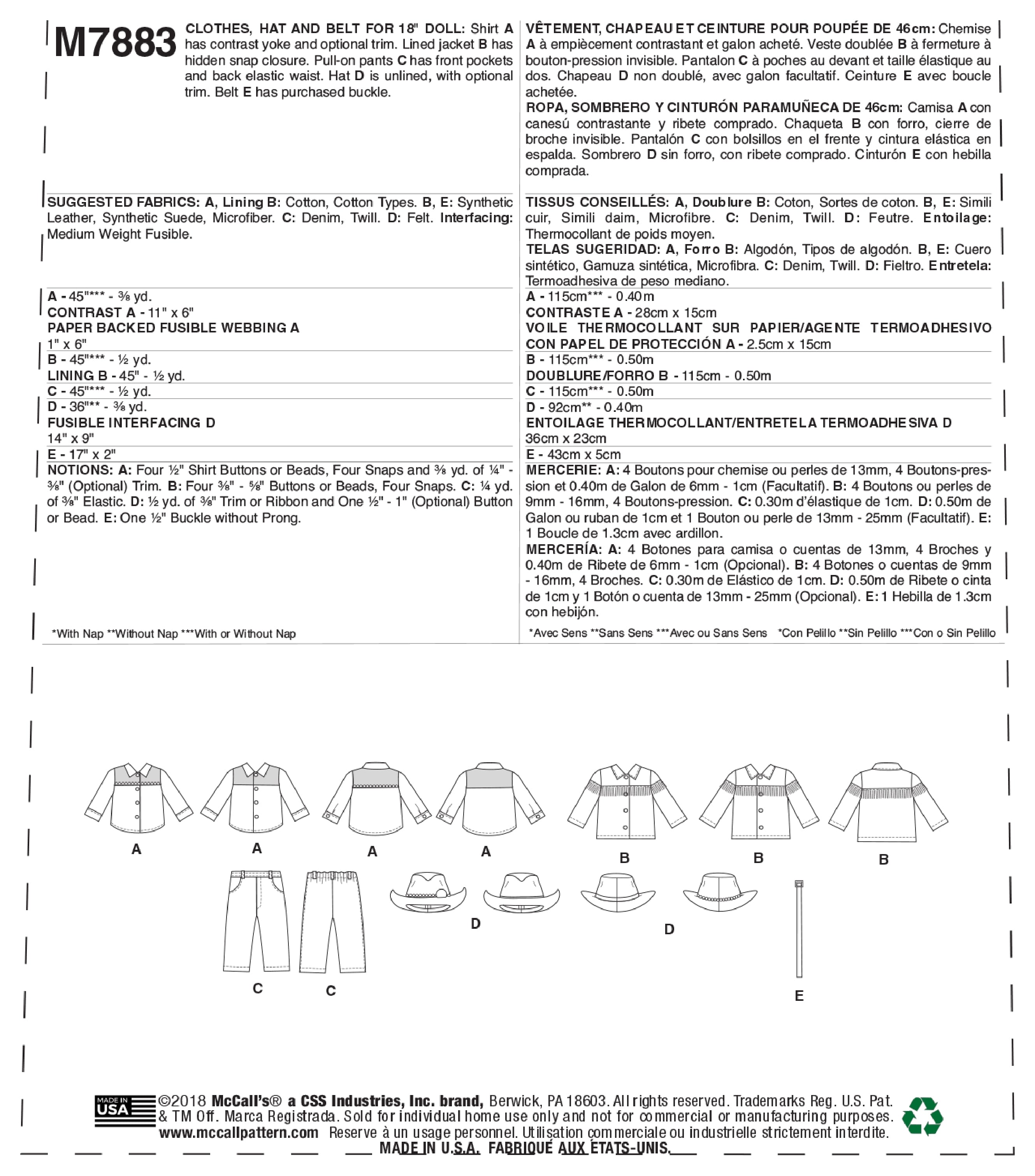 McCall's Clothes, Hat and Belt For 18 Doll M7883 - Sewing Pattern