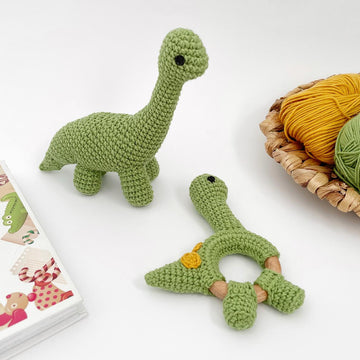 Crochet dinosaur Brontosaurus toy and baby teething rattle amigurumi pattern