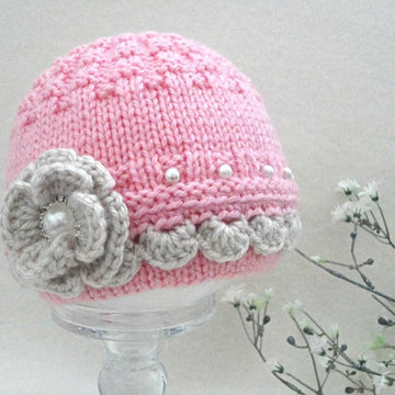 Knitted Baby Girl Hat with Crochet edging and Flower