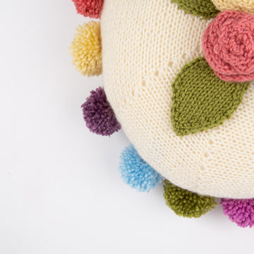 Round Shabby chic floral cushion with pom poms