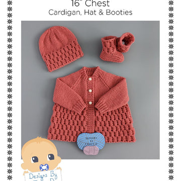 JJ 16 inch chest Cardigan, Hat & Booties Baby knitting pattern Newborn