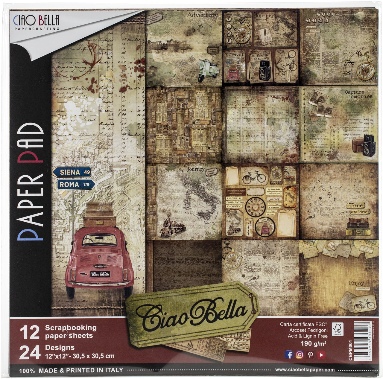 Ciao Bella Double-Sided Paper Pack 90lb 12"X12" 12/Pkg - Ciao Bella, 12 Designs/1 Each