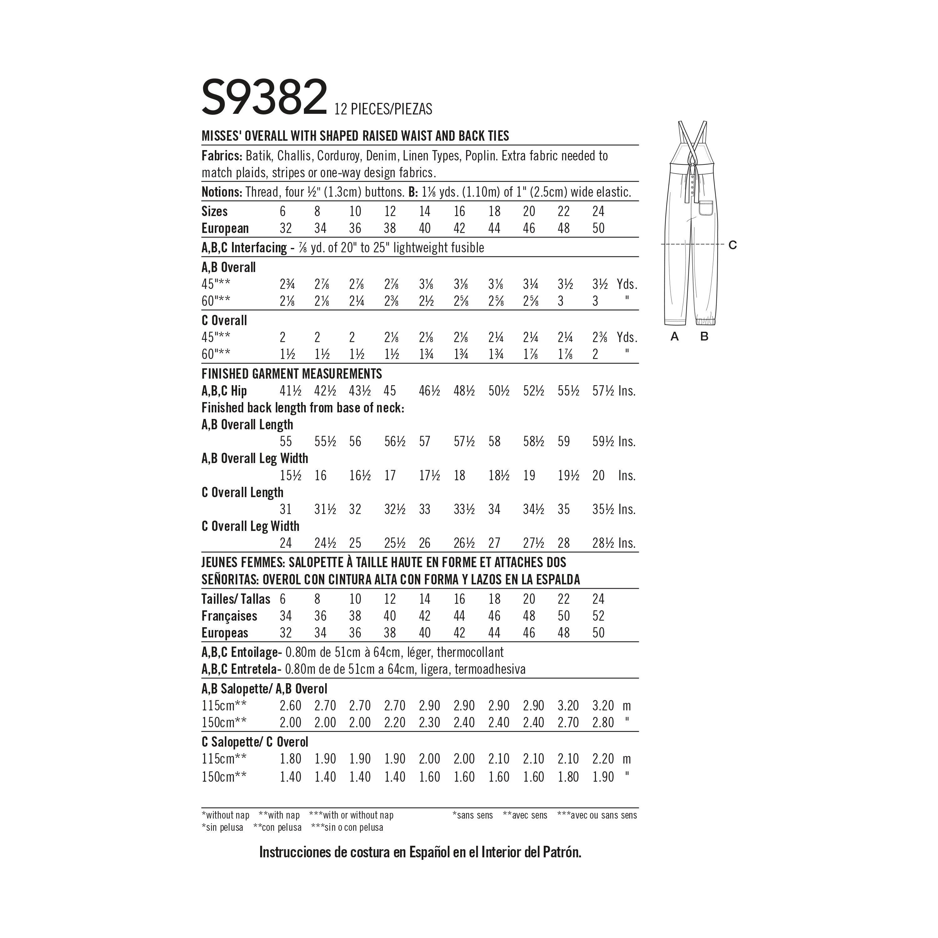 Simplicity Misses' Overall with Shaped Raised Waist and Back Ties S9382 - Sewing Pattern