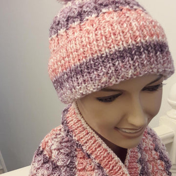 Ladies Hat & Cowl Mock Cable Aran Yarn
