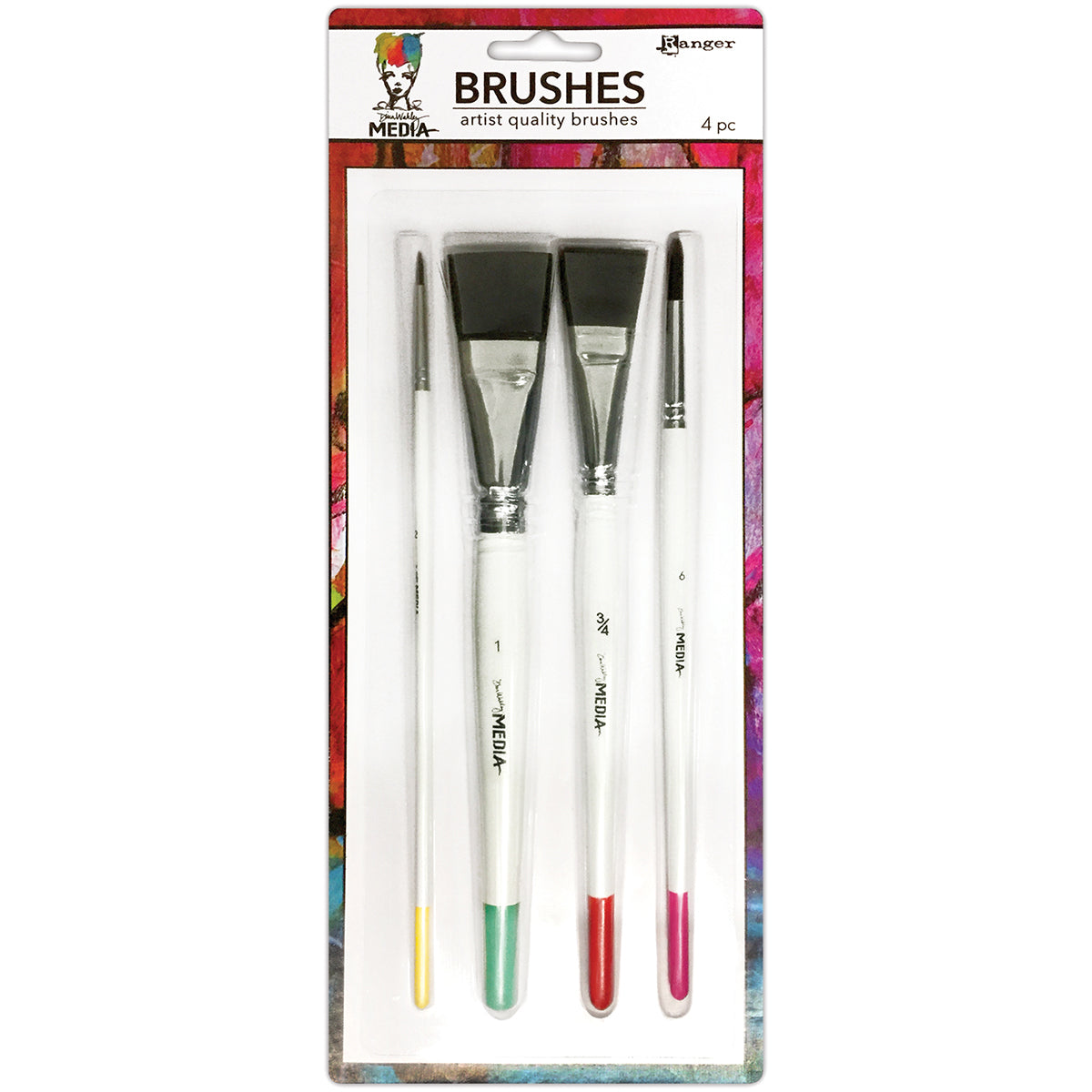 Ranger Dina Wakley Media Brushes 4/Pkg - Round 3, Fine Point 6, Flat .75" & 1"