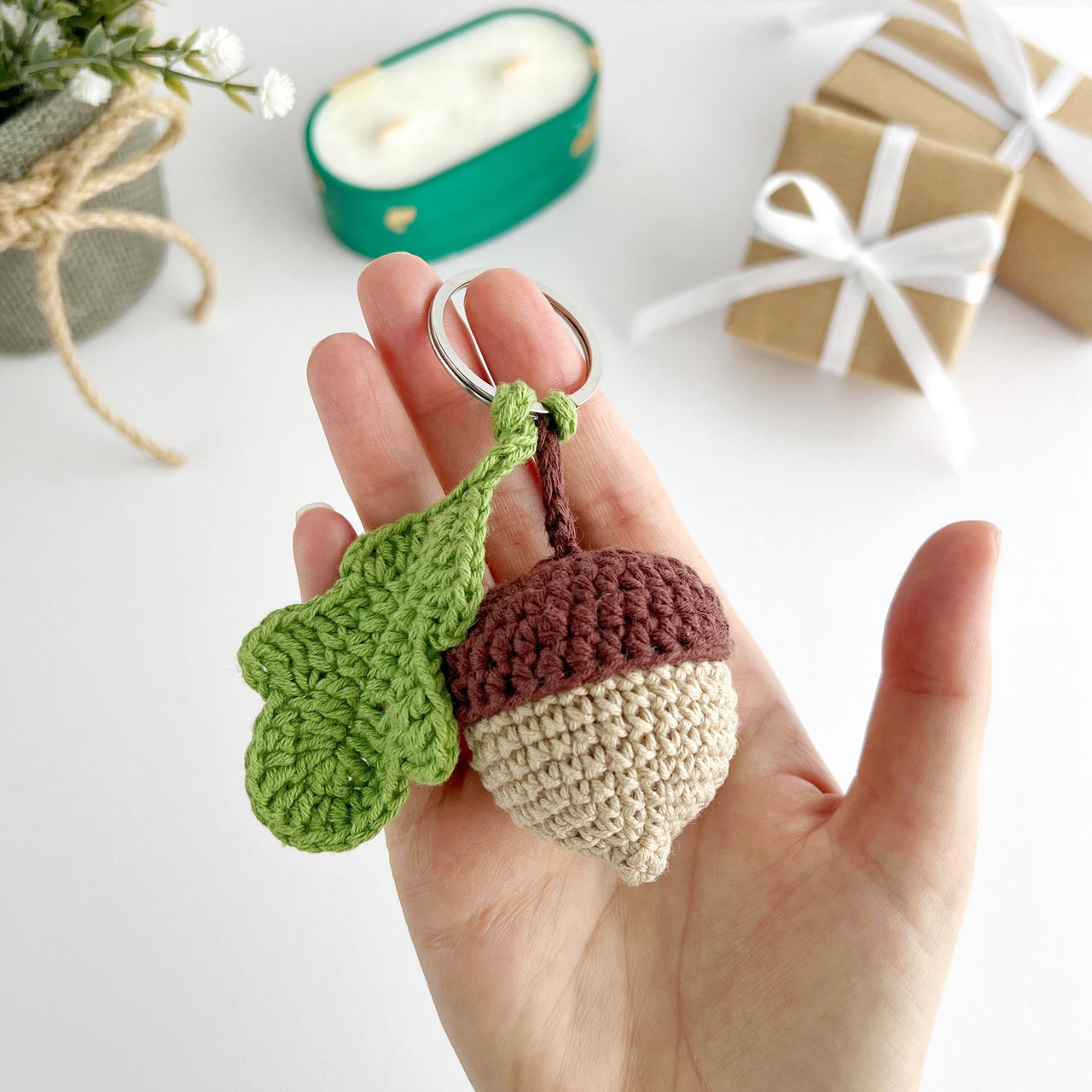 Acorn with leaf crochet pattern keychain charm Amigurumi pattern PDF Keyring bag charm Crochet car hanger