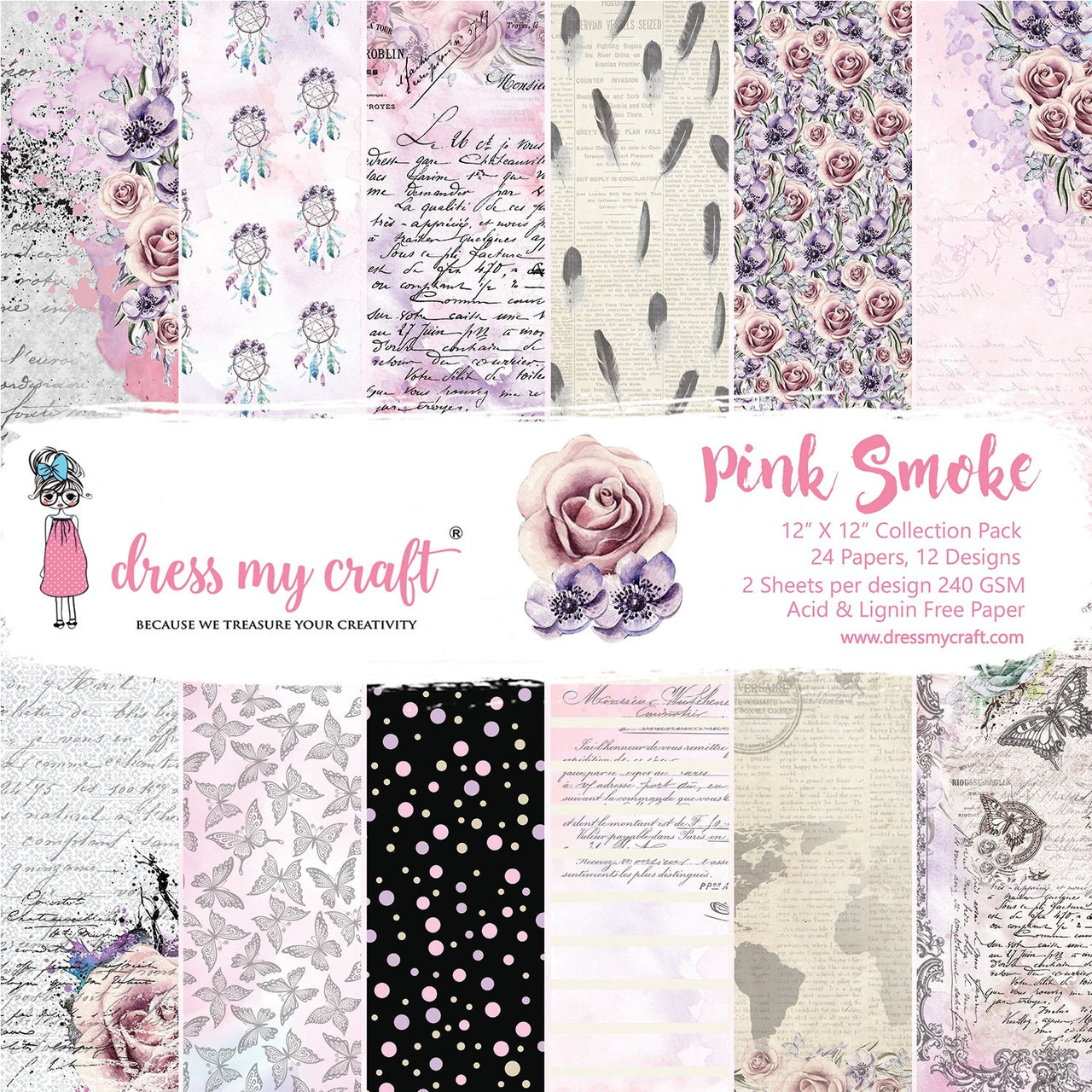 Dress My Crafts Single-Sided Paper Pad 12"X12" 24/Pkg - Pink Smoke, 12 Designs/2 Each