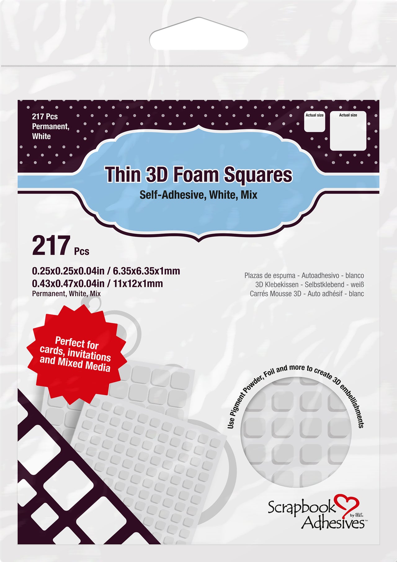 3L Scrapbook Adhesives Thin 3D Adhesive Foam Squares 217/Pkg - White (63) .43"X.47" & (154) .25"X.25"