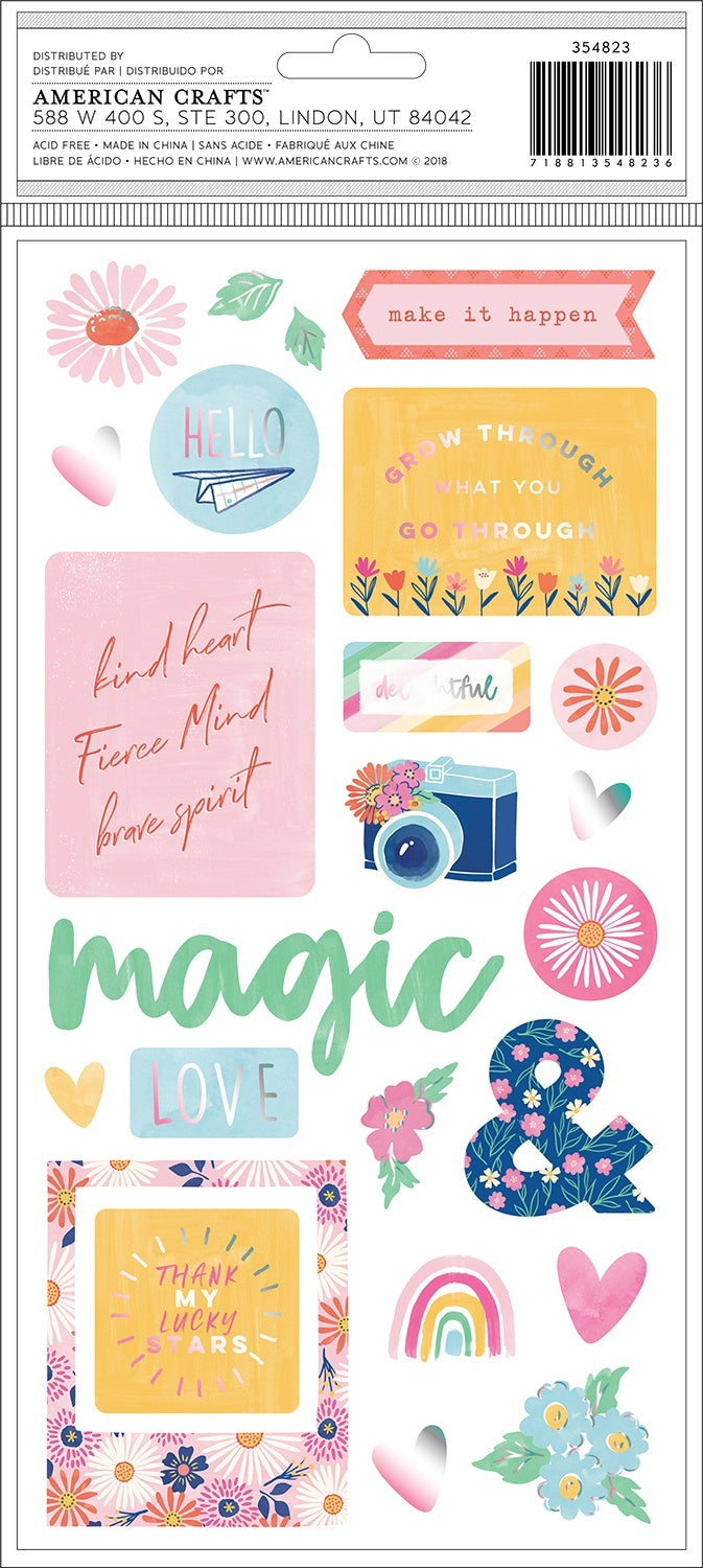 American Crafts Dear Lizzy She's Magic Thickers Stickers 5.5"X11" 44/Pkg - Delightful Phrase & Icons/Chipboard