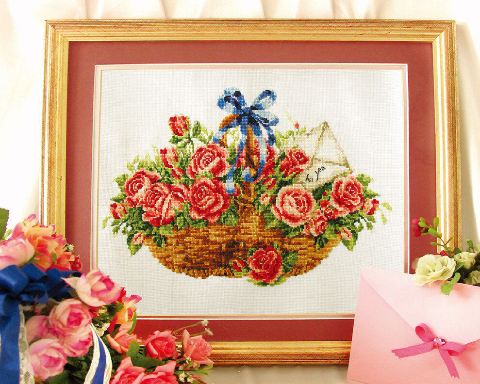 Needleart World Basket of Roses No-Count Cross Stitch Kit - 38 x 25cm