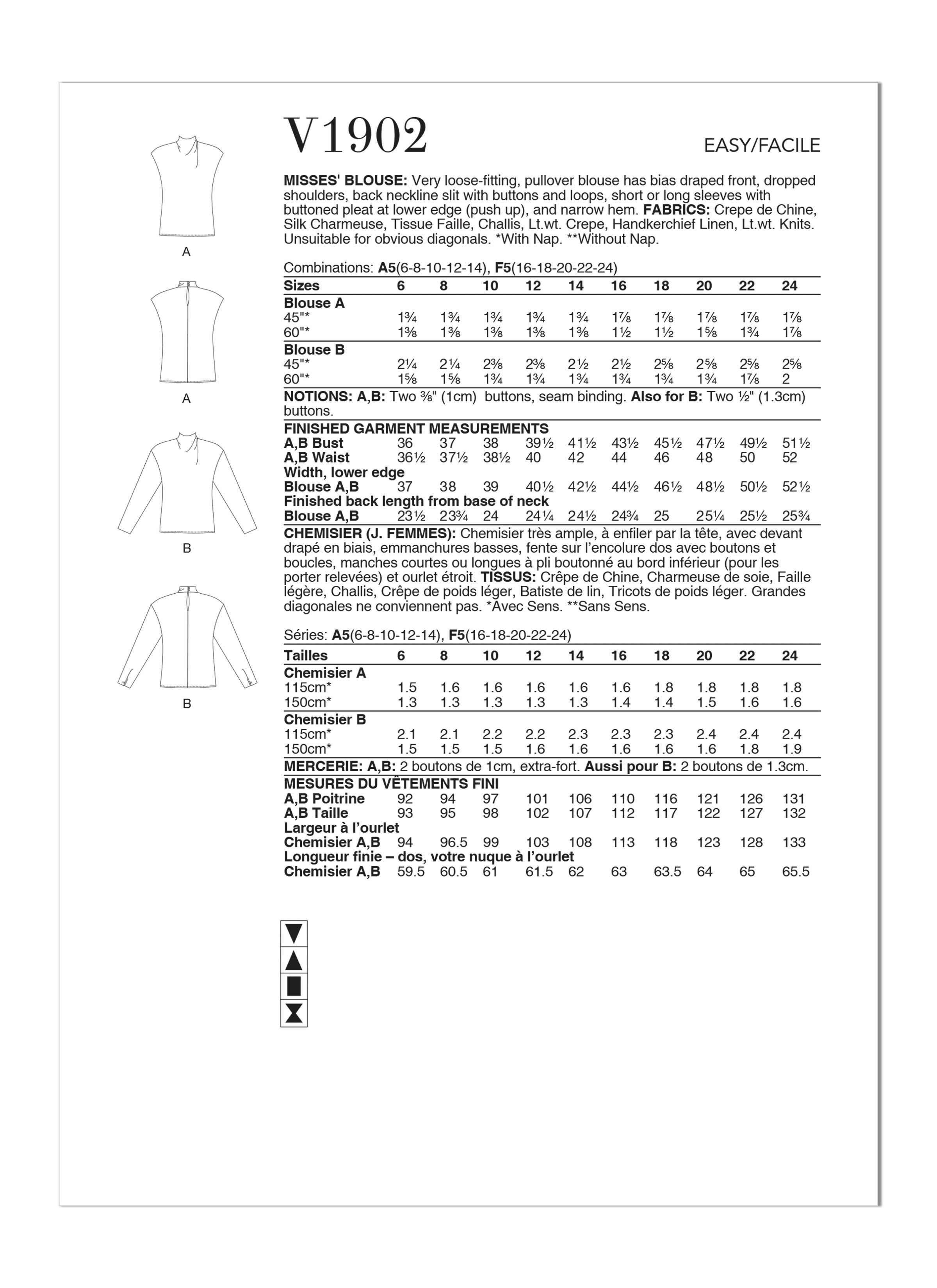 Vogue Sewing Misses' Blouse V1902 - Sewing Pattern
