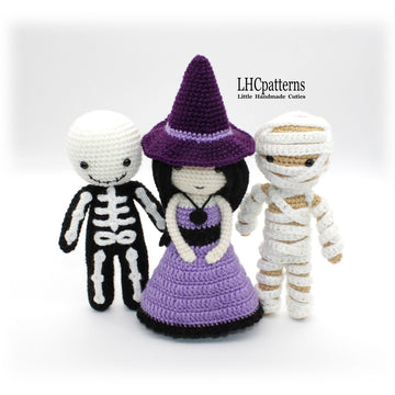 Crochet Pattern: Halloween Characters – Scarecrow, Skeleton, Witch, Mummy and Zombie Crochet Dolls (English)