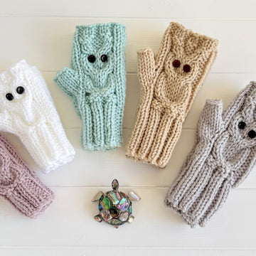 'Owl fingerless mitts' 2yrs to adult