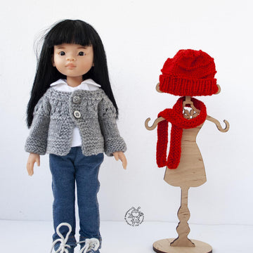 Outfit Red and gray for 13" dolls knitted flat