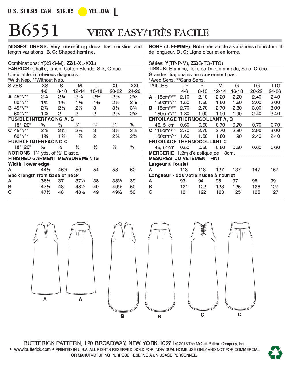 Butterick Misses' Dress B6551 - Sewing Pattern