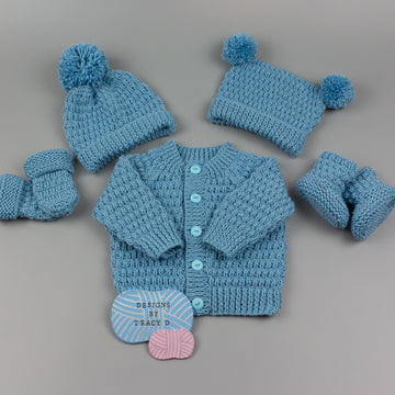 Calum Unisex Baby Knitting Pattern cardigan,hats, mitts and booties hats
