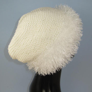 Faux Fun Fur Trim Garter Stitch Slouch Hat