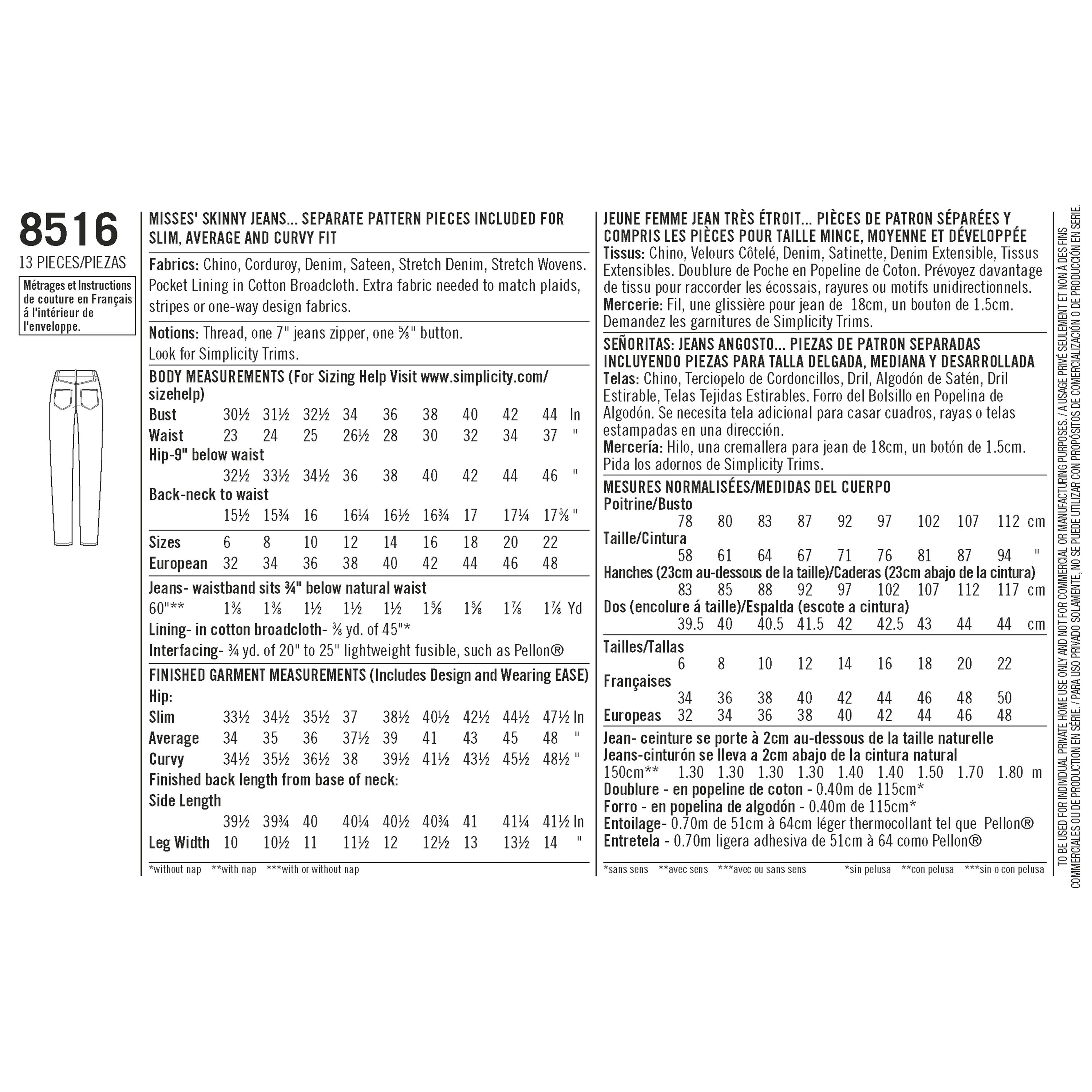 Simplicity Pattern 8516 Misses' Mimi G Skinny Jeans 8516 - Sewing Pattern