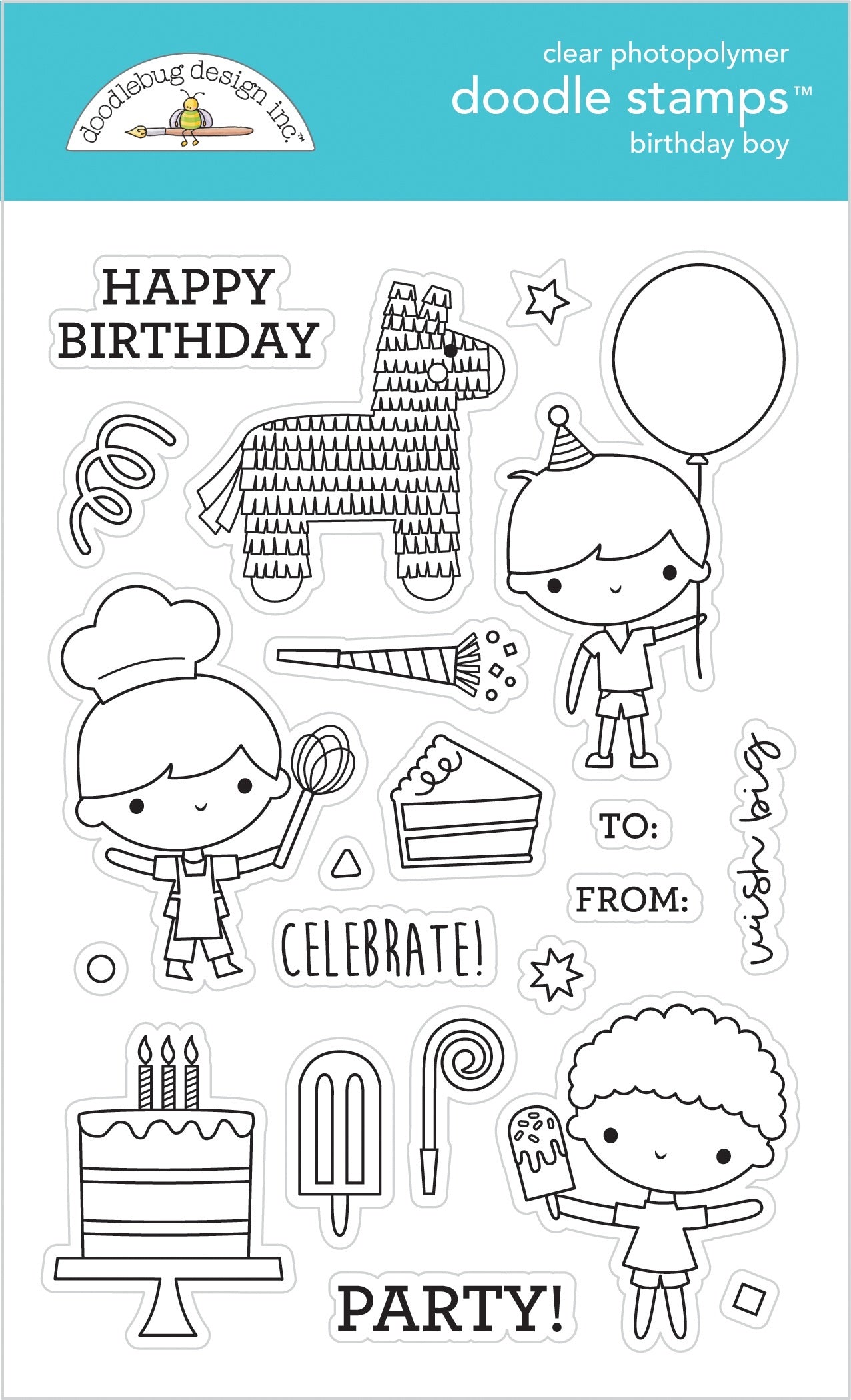 Doodlebug Clear Doodle Stamps - Birthday Boy, Party Time