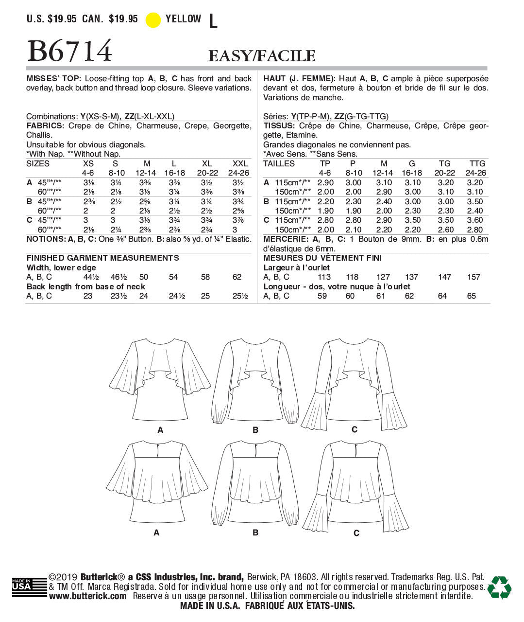 Butterick Misses' Top B6714 - Sewing Pattern