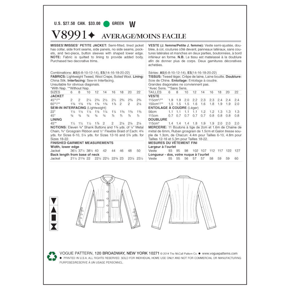 Vogue Misses'/Misses' Petite Jacket V8991 - Sewing Pattern