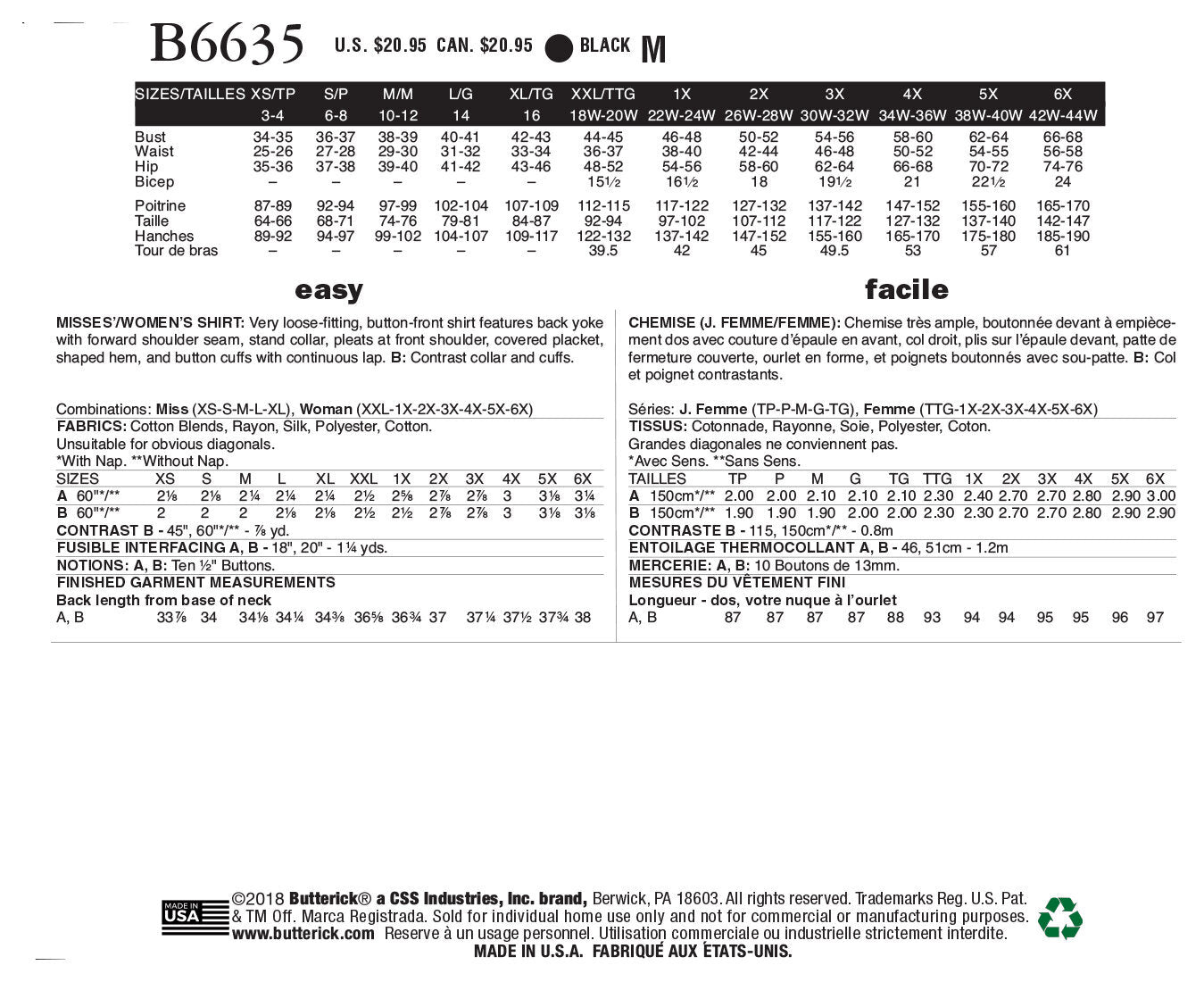 Butterick Misses', Women's Shirt B6635 - Sewing Pattern