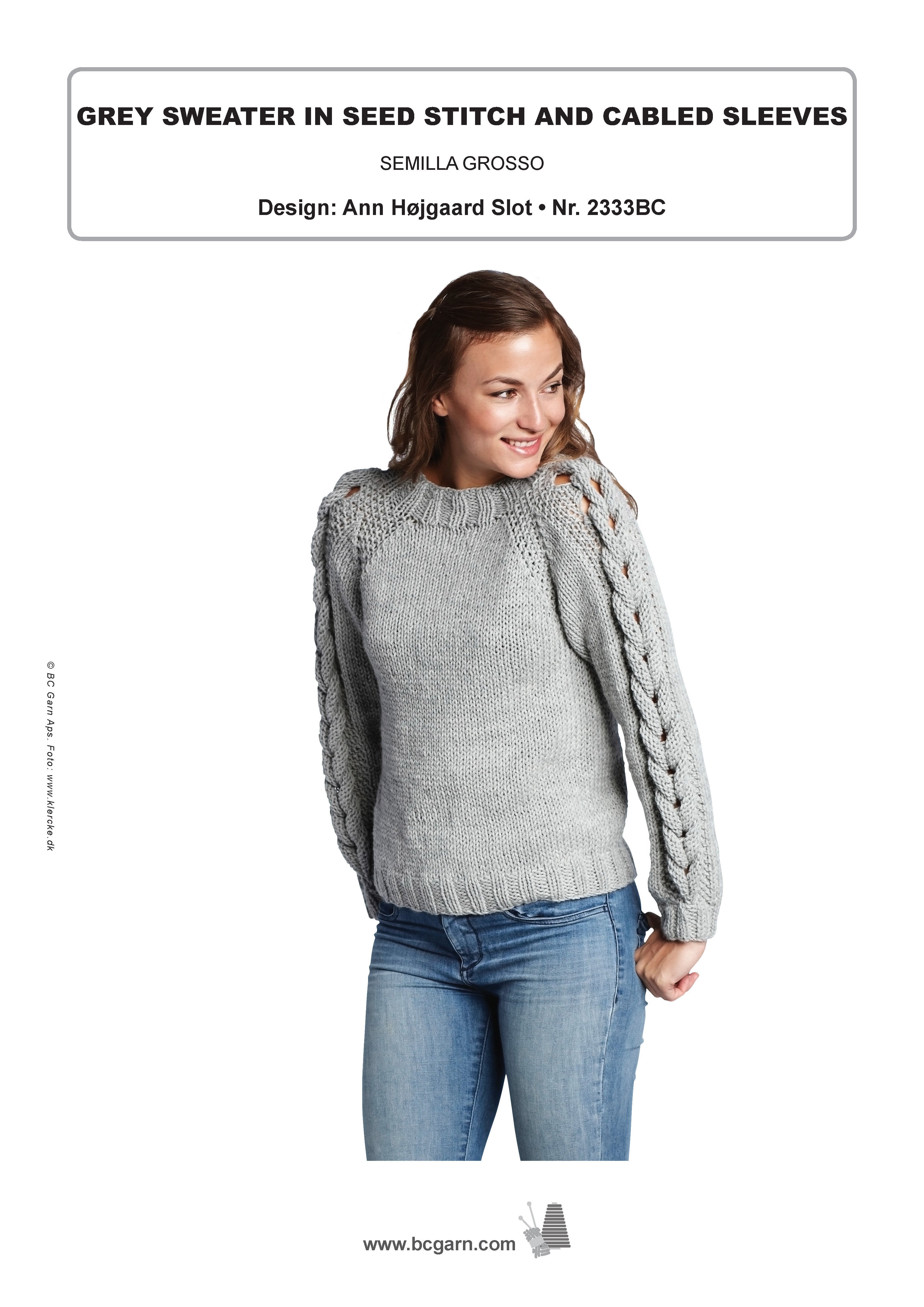 Grey Sweater in Seed Stitch and Cabled Sleeves in BC Garn Semilla Grosso - 2333BC - Downloadable PDF