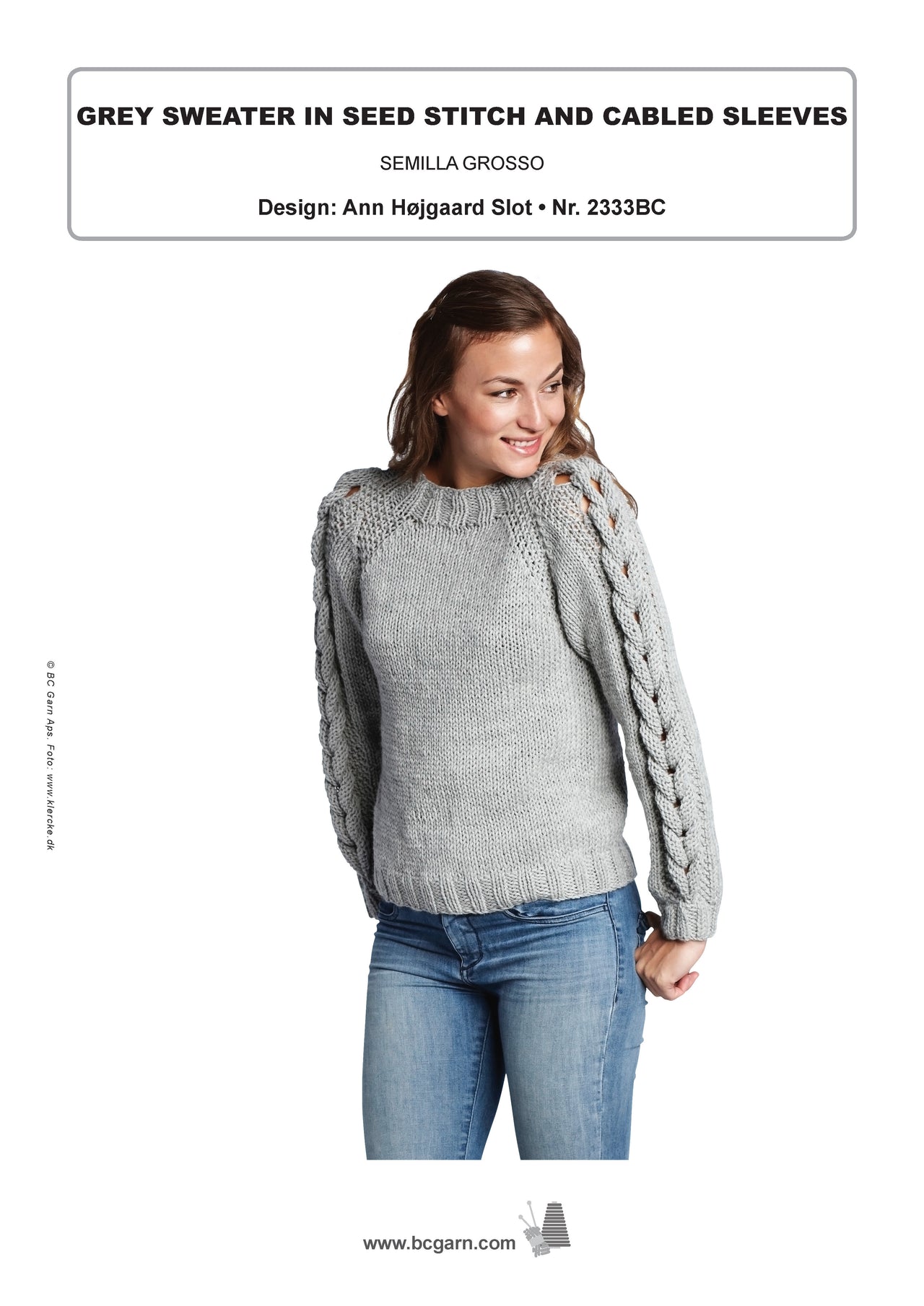 Grey Sweater in Seed Stitch and Cabled Sleeves in BC Garn Semilla Grosso - 2333BC - Downloadable PDF