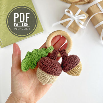 Acorns with leaf crochet pattern Baby rattle toy Amigurumi teether ring Sensory toy pattern