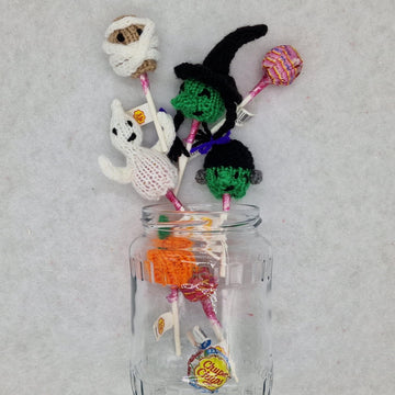 Halloween Knitting Pattern DK Lollipop Hats Decoration Gift Charity knit EASY Chupa-Chups Witch Pumpkin Frankenstein Sweet Sucker Savers