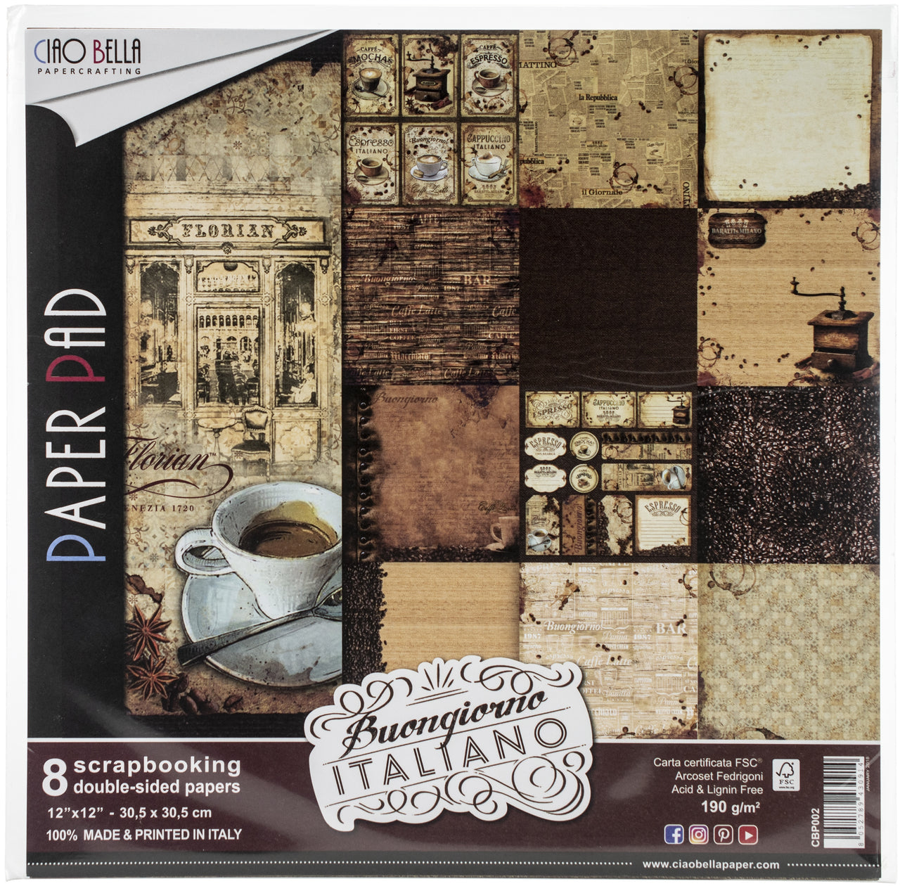 Ciao Bella Double-Sided Paper Pack 90lb 12"X12" 8/P - Buongiorno Italiano, 8 Designs/1 Each