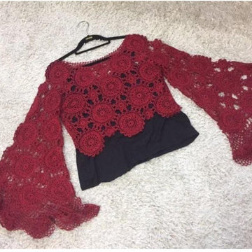 Boho Crochet Crop Top – Festival Bell Sleeve Sweater