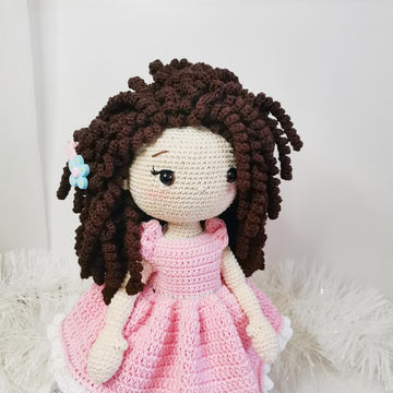 Curly Hair Doll in Pink Dress Amigurumi