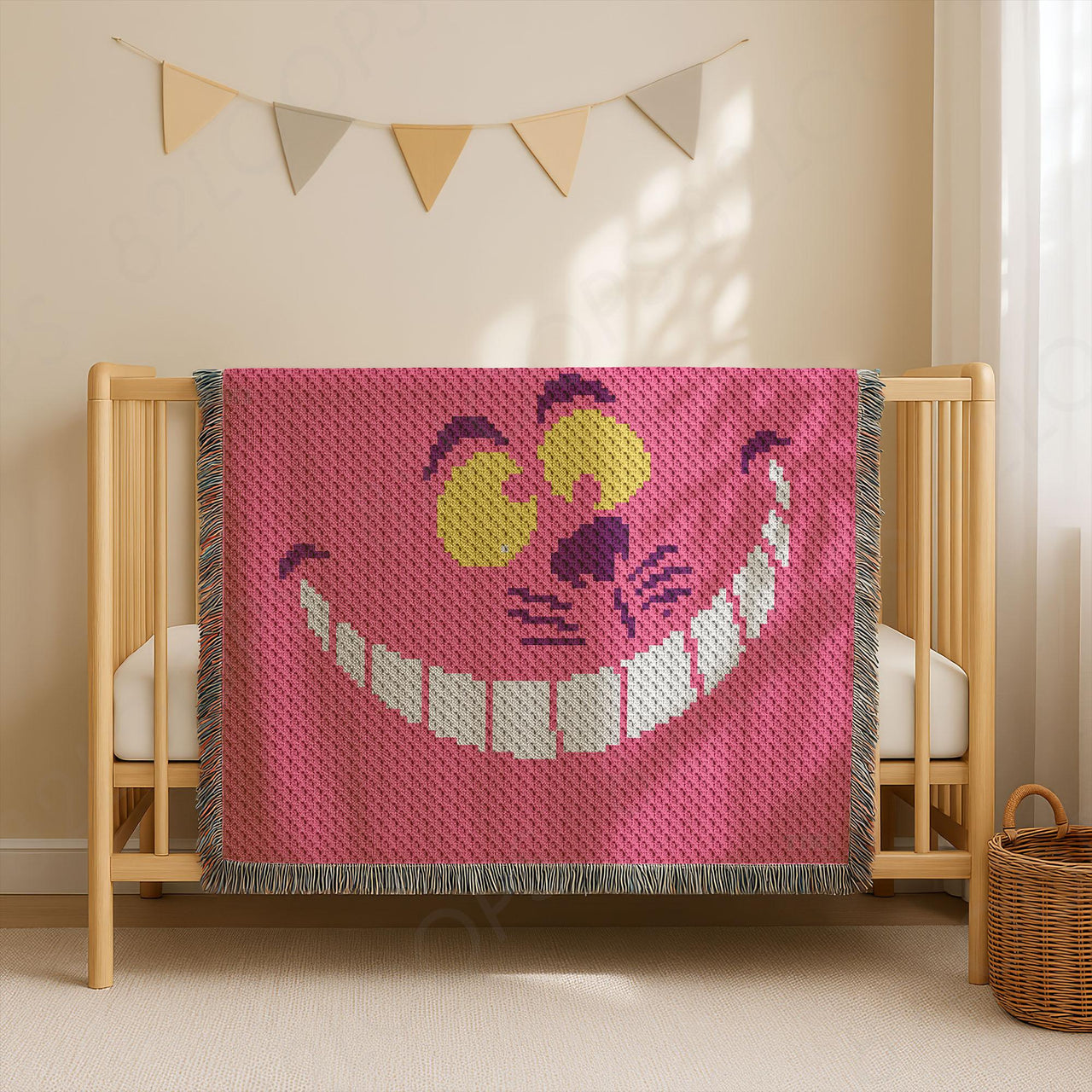 C2C Cheshire Cat Smile Blanket Face Pink Afghan 90x90 Square CROCHET PATTERN