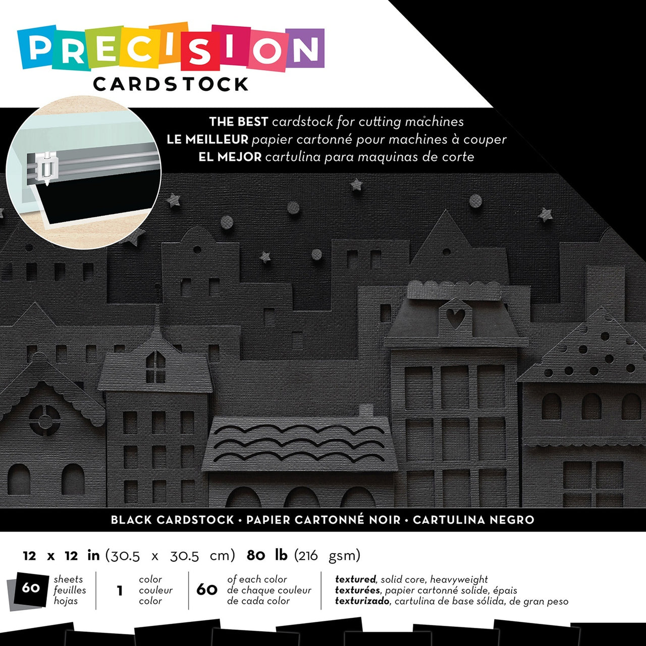 American Crafts Precision Cardstock Pack 80lb 12"X12" 60/Pkg - Black/Textured
