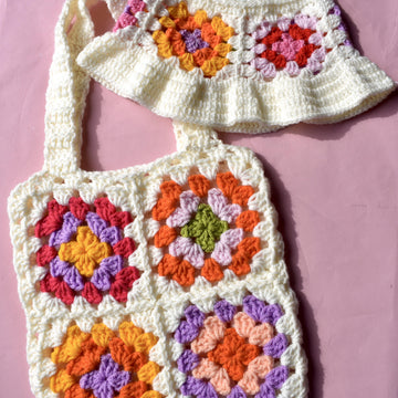 Crocheted granny squares floppy hat