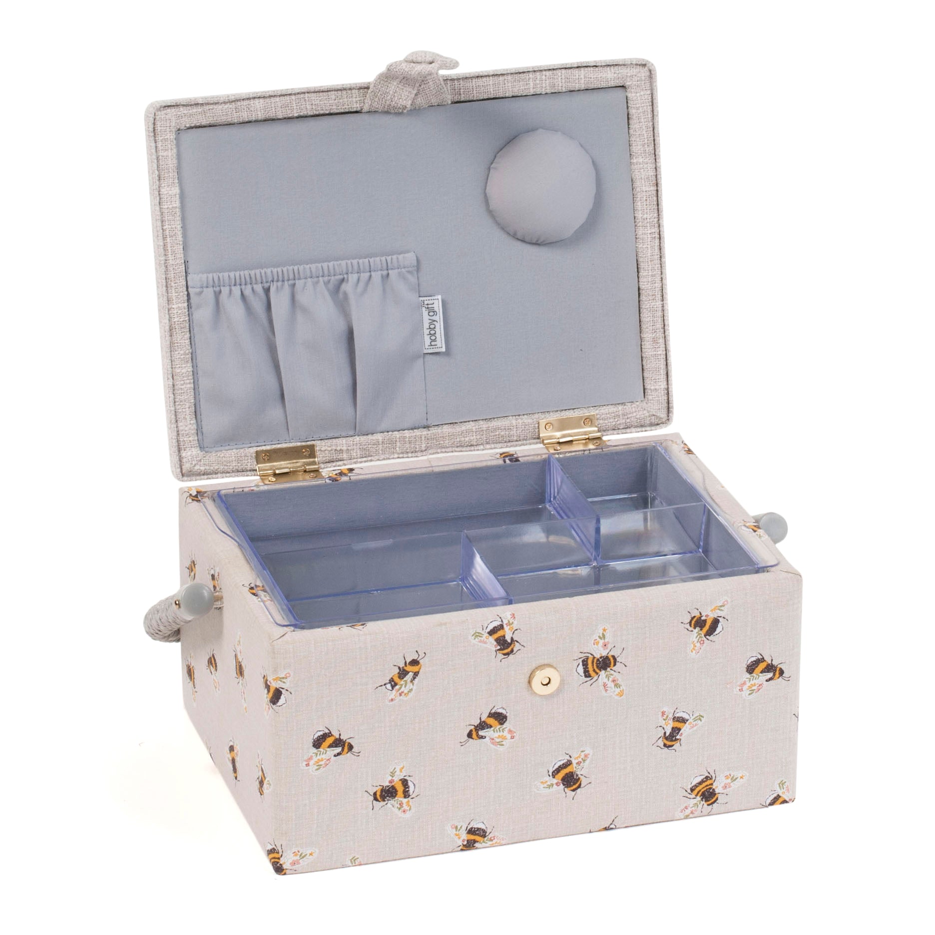 Hobbygift Grey Embroidered Bee Medium Sewing Box