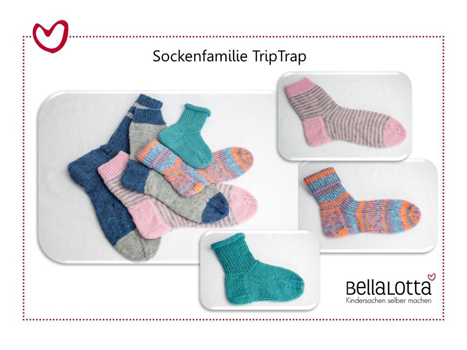 Strickanleitung Sockenfamilie TripTrap mit Angaben von Fußgröße 20 bis 47
