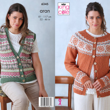 Cardigan and Waistcoat Top knitted in King Cole Forest Aran - P6345 - Leaflet