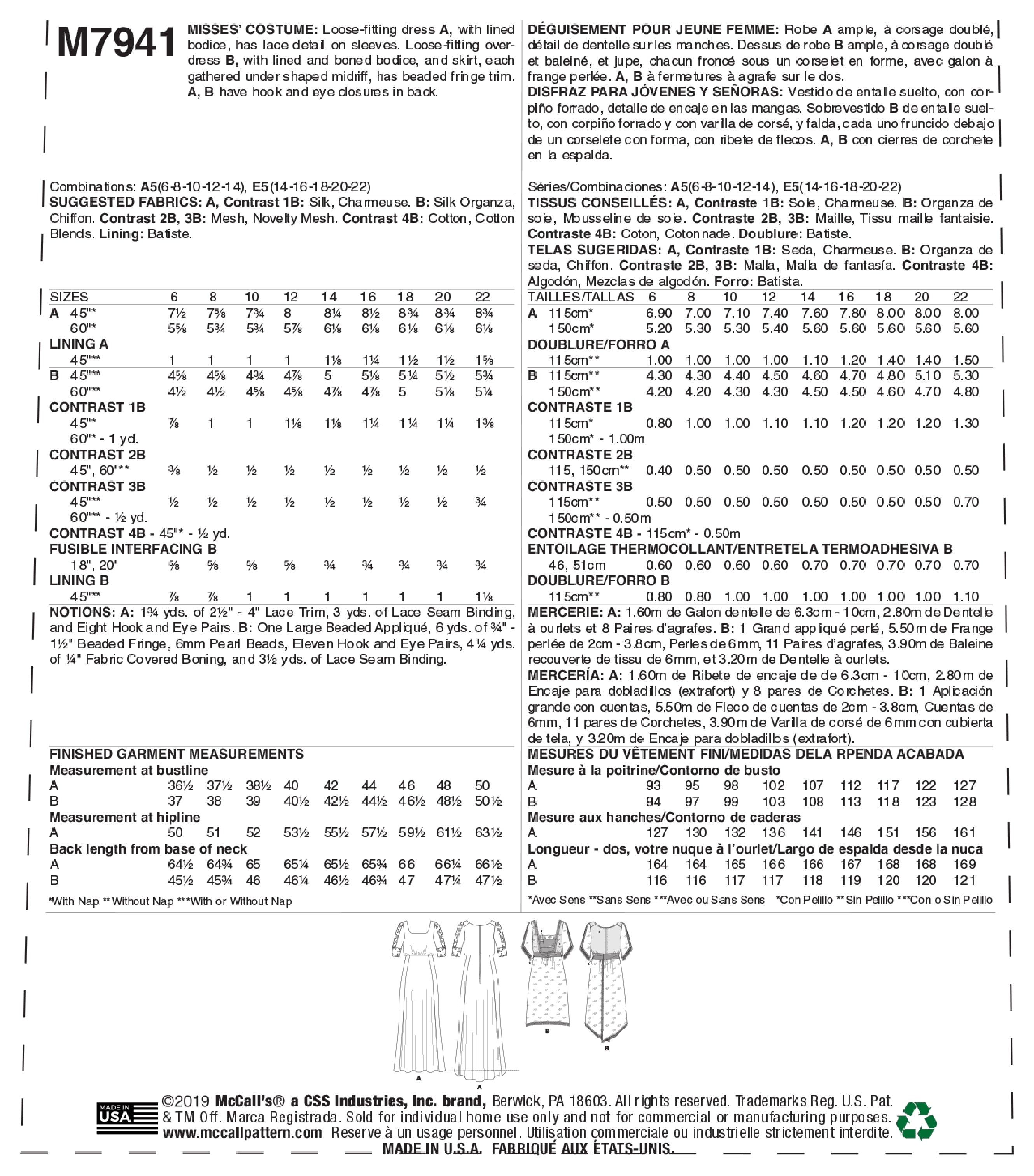 McCall's Misses' Costume M7941 - Sewing Pattern
