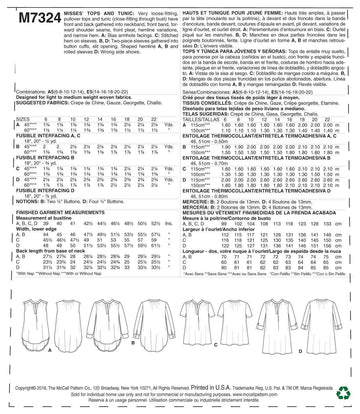 McCall's Misses' Half Placket Tops and Tunic M7324 - Sewing Pattern