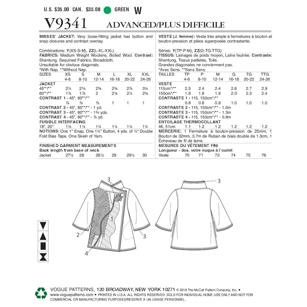 Vogue Misses' Jacket V9341 - Sewing Pattern
