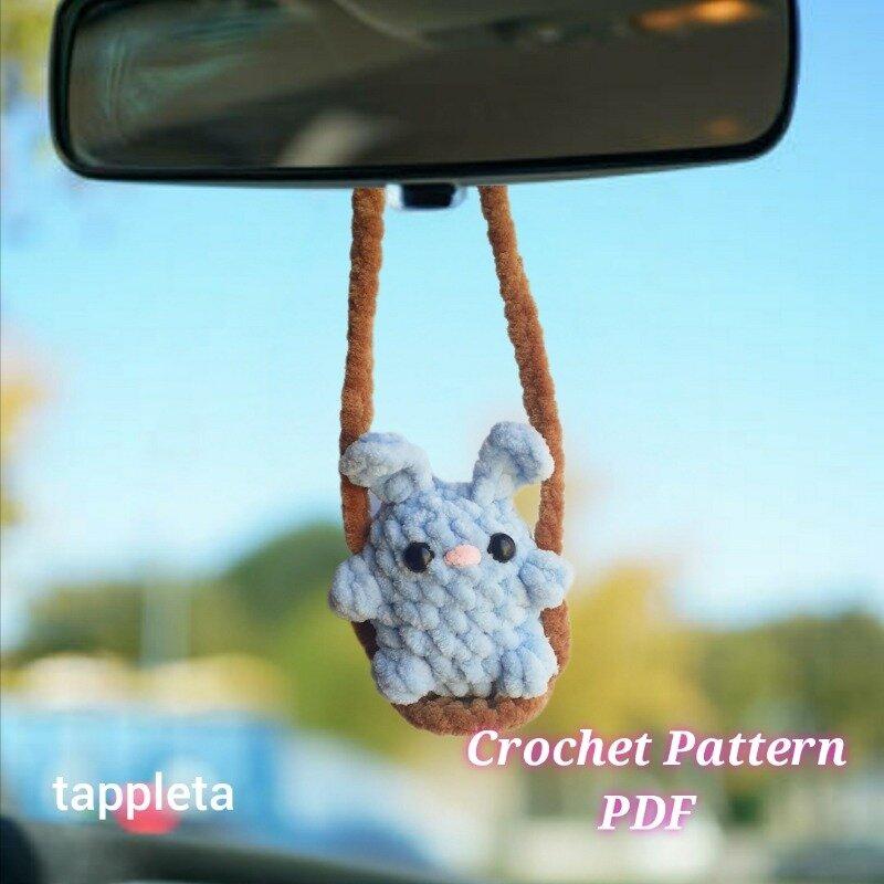 Bunny on a swing crochet pattern, Baby bunny plushie car hanger crochet, Car decor crochet, Bunnies lover gift handmade, Car accessory DIY
