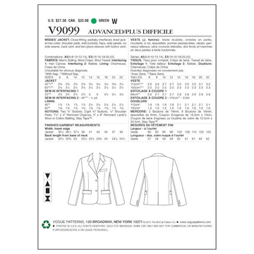 Vogue Misses' Jacket V9099 - Sewing Pattern