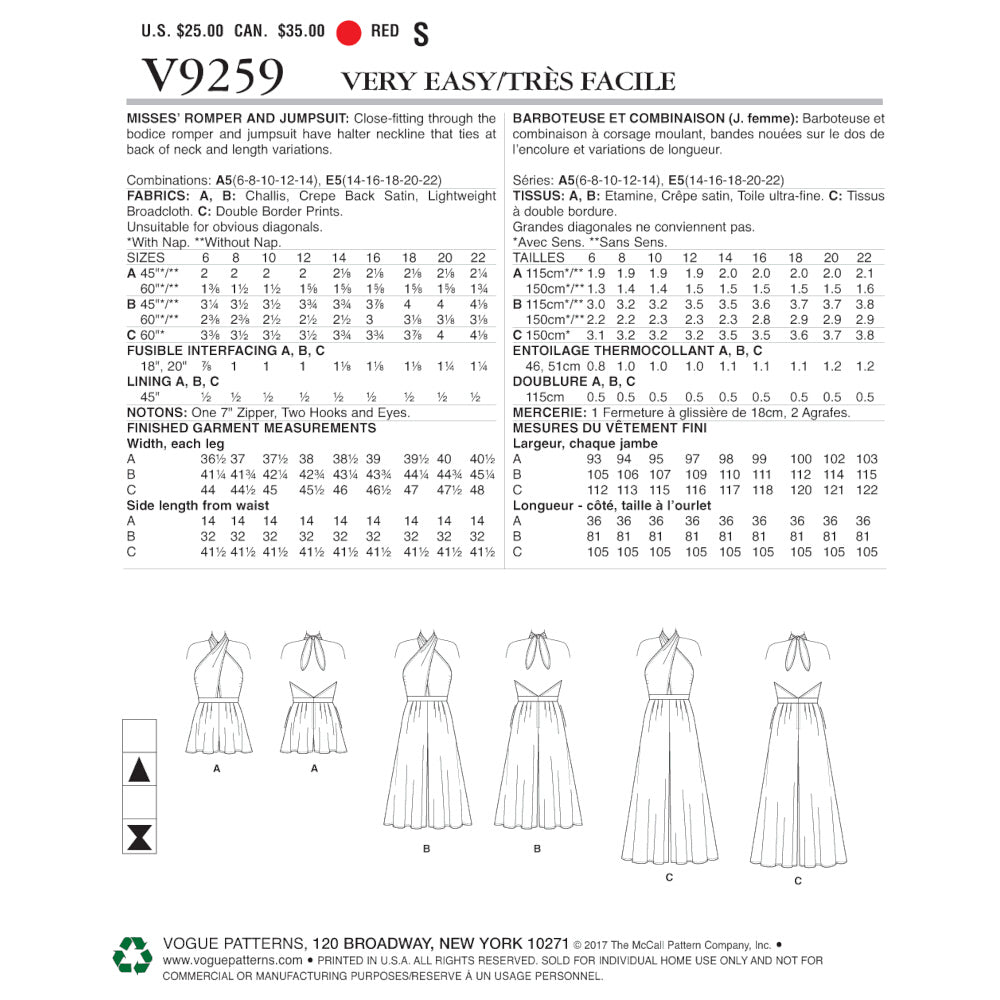 Vogue Misses' Criss-Cross Halter Romper and Jumpsuit with Length Variations V9259 - Sewing Pattern