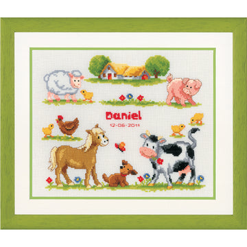 Vervaco At The Farm Birth Sampler Cross Stitch Kit - 27cm x 23cm