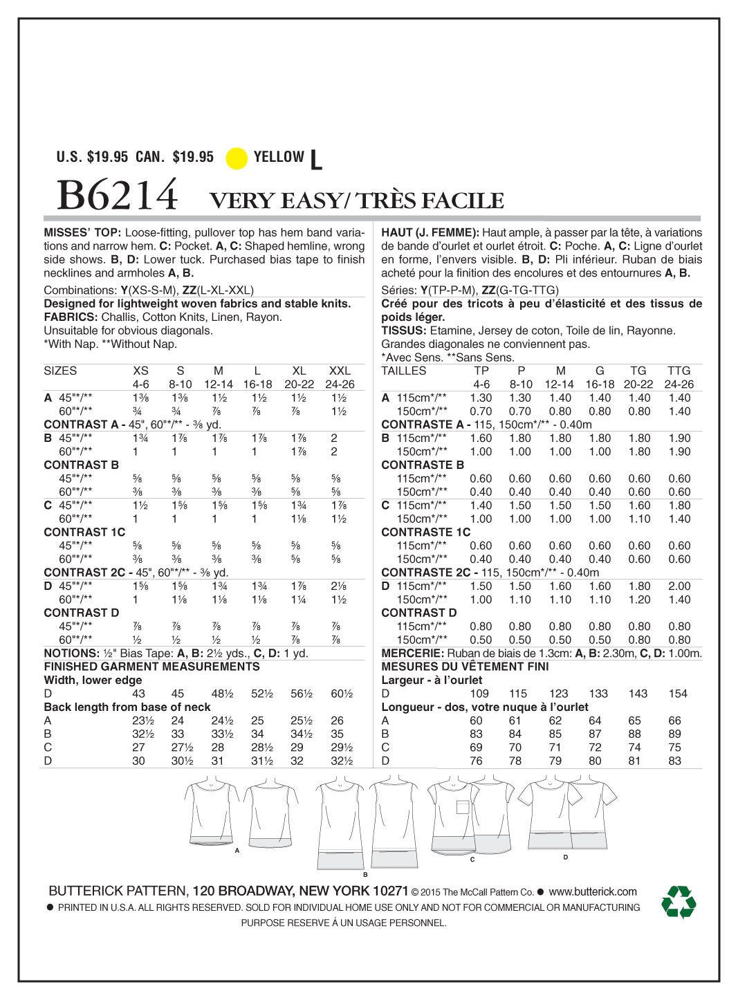 Butterick Misses' Top B6214 - Sewing Pattern