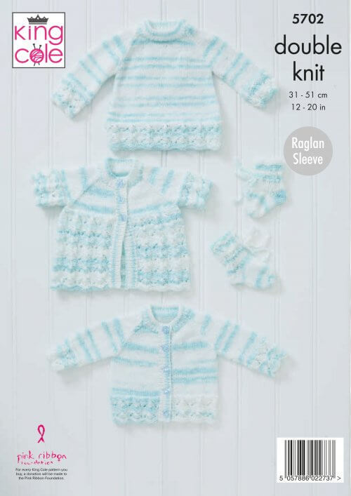 Cardigan, Matinee Coat, Sweater and Bootees in King Cole Baby Stripe DK - 5702 - Leaflet