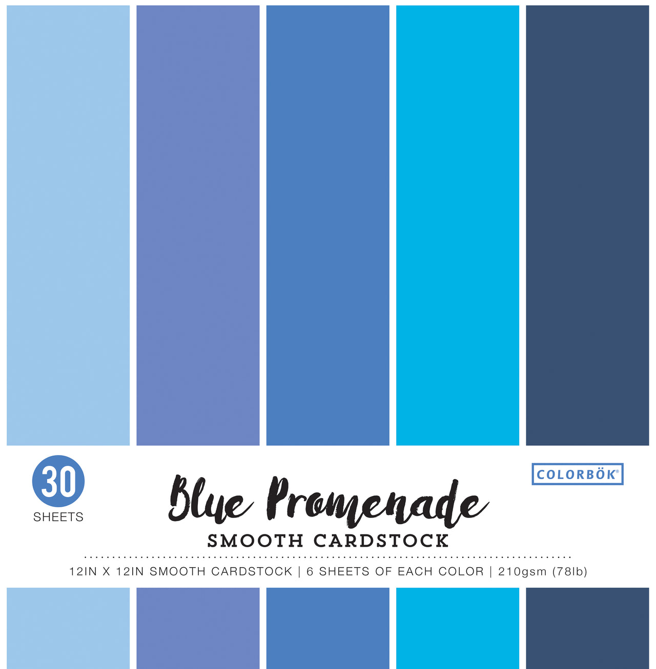 American Crafts Colorbok 78lb Smooth Cardstock 12"X12" 30/Pkg - Blue Promenade, 5 Colors/6 Each